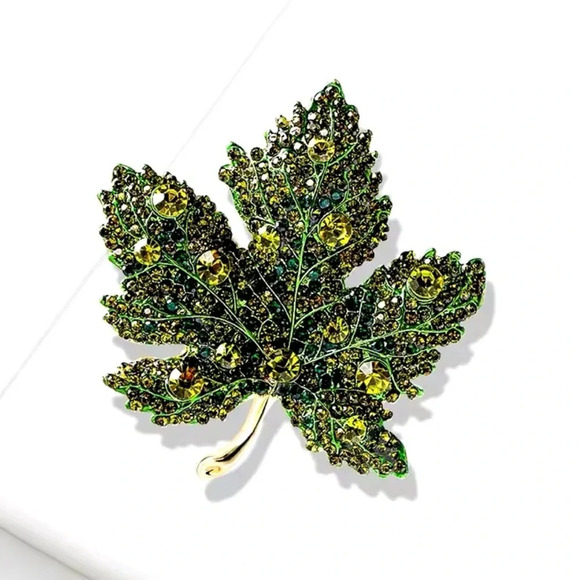 Bria Red Maple Leaf Green Crystal Brooch - Picture 6 of 8